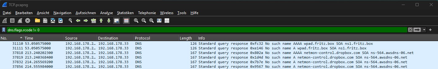 Filter dns.flags.rcode != 0