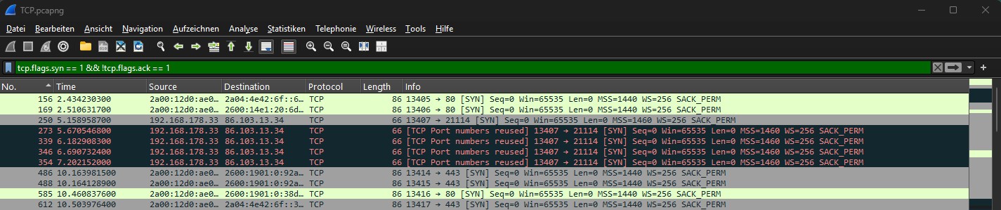 Filter tcp.flags.syn == 1 && !tcp.flags.ack == 1